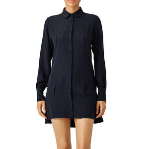 Harvey Faircloth Shirt Dress Long Sleeve Collared Tiered Ruffle Mini Navy Size 2